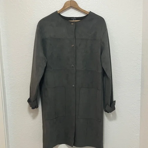 Tahari Charcoal Button-Up Trench Coat - Picture 1 of 8